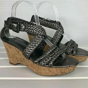 Franko Sarto gunmetal woven cork wedge heel sandle